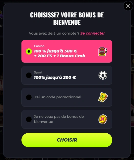 Choix du bonus de bienvenue Lunubet