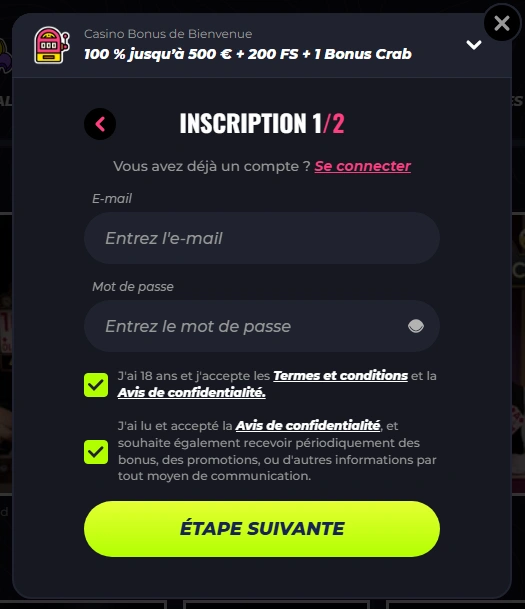 Formulaire d'inscription Lunubet Casino
